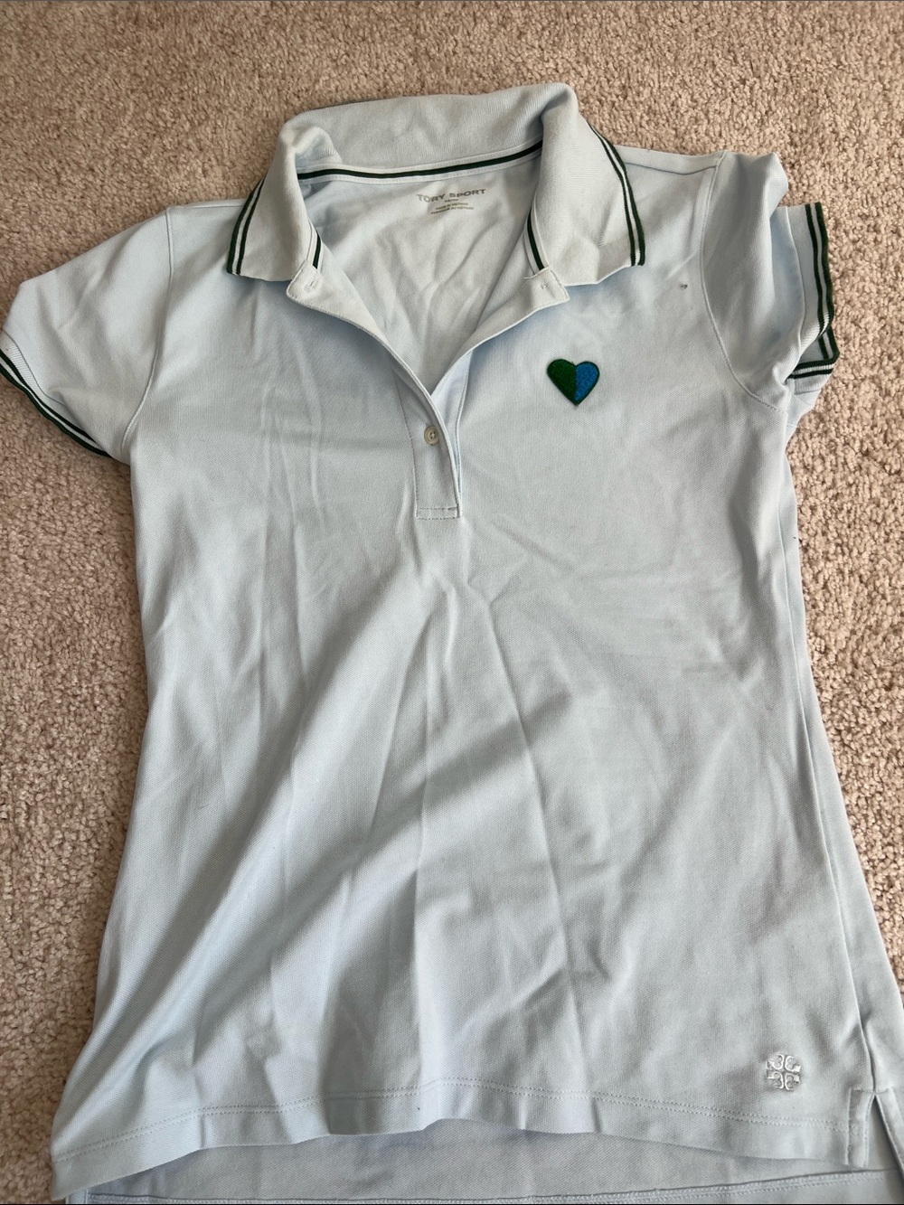 Tory Sport Pale Blue Polo with Green and Blue Heart Patch